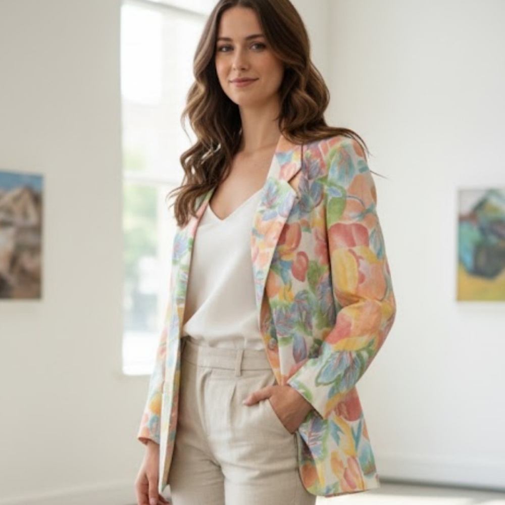Caroline‎ Kendrick Floral 100% Linen Vintage Blazer Size 10